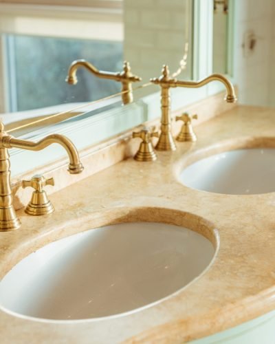 close-up view of two luxury sinks in bathroom